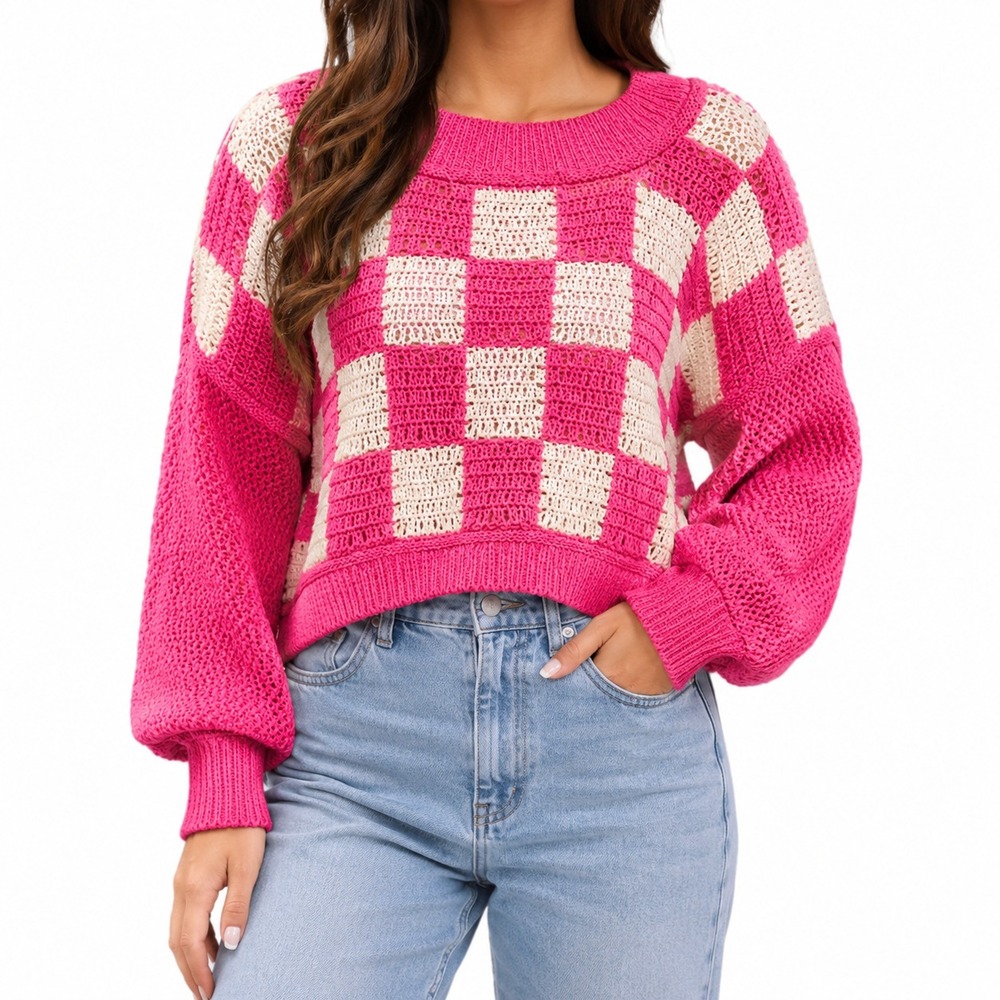 POL Catching Feelings Sweater Womens L Pink Crochet Knit Split Hem Festival